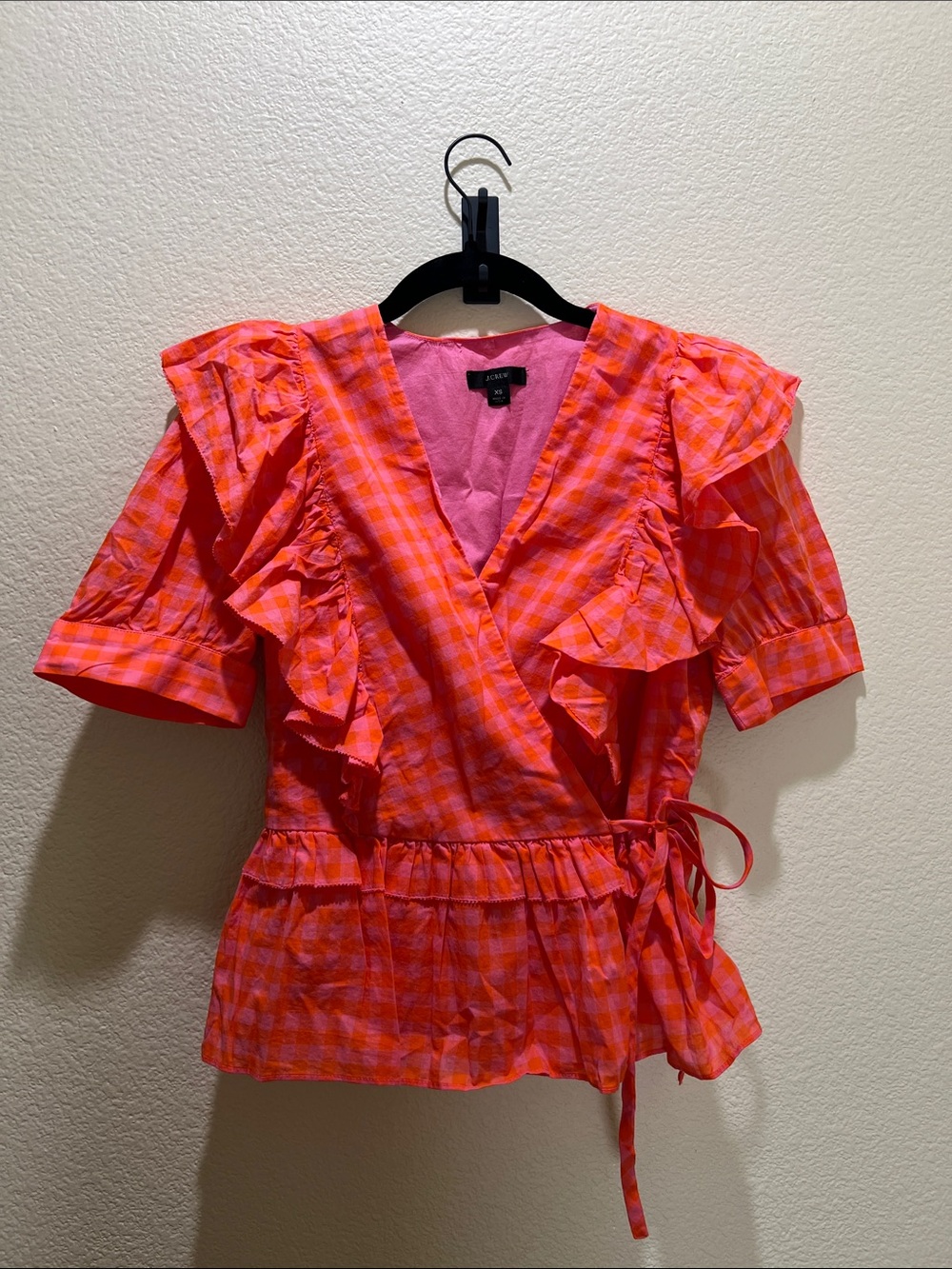 J. Crew Pink and Orange Gingham Ruffle Wrap Top